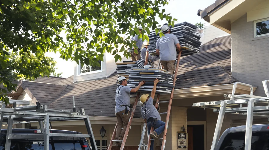 Roofers carrying shingles up a ladder