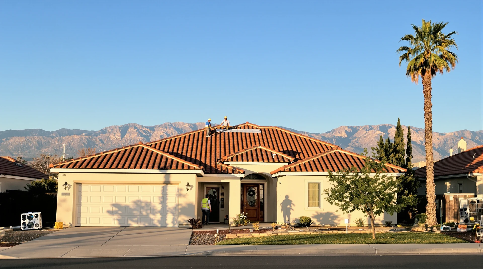 Tile roof home in the Inland Empire with the mountains behind it