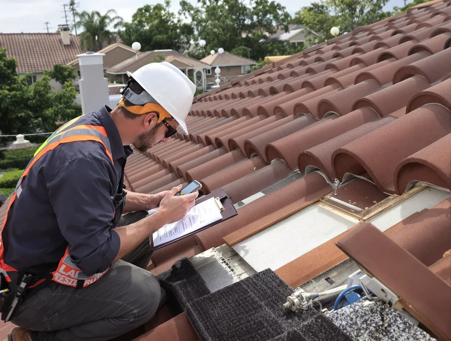 Roofer inspecting a tile roof with a clipboard
