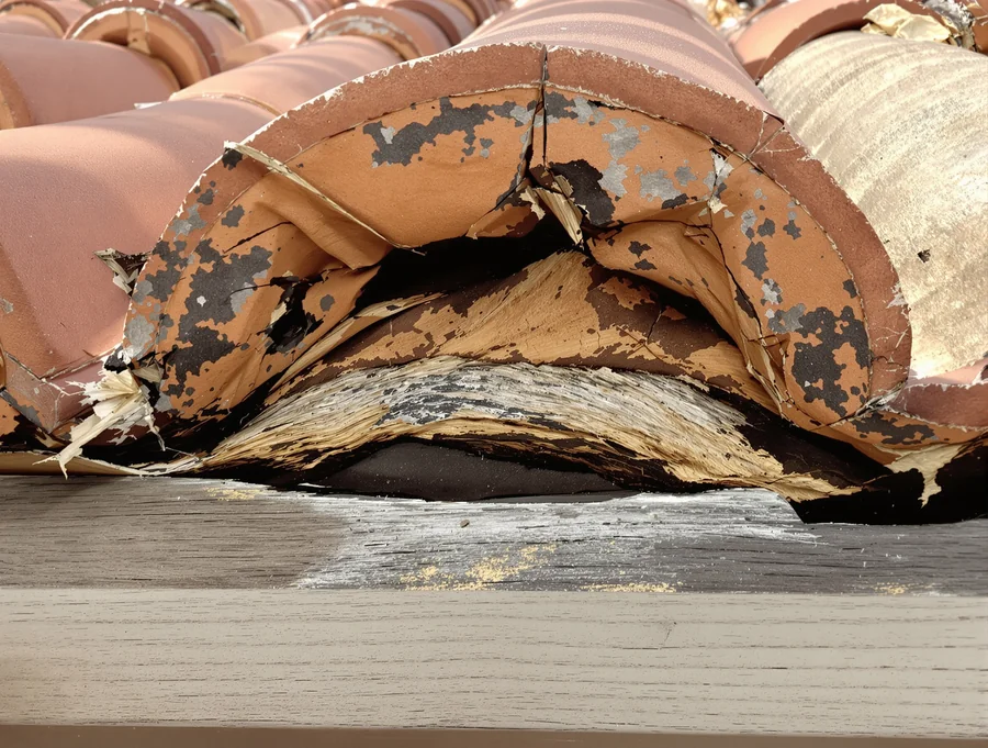 Old tile lifted to show worn underlayment