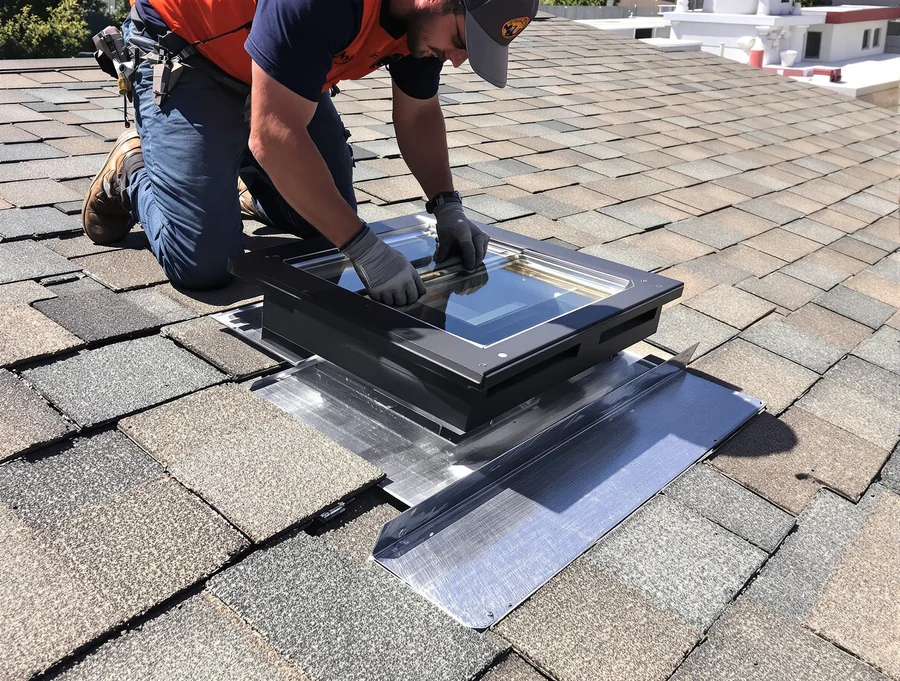 Roofer sealing a new skylight