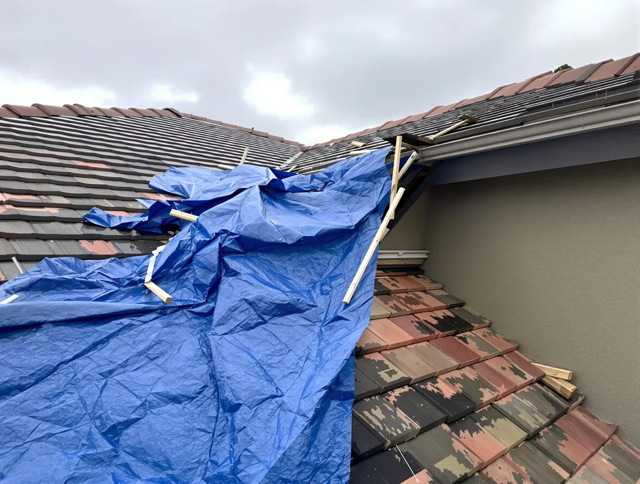 Blue tarp on a damaged roof